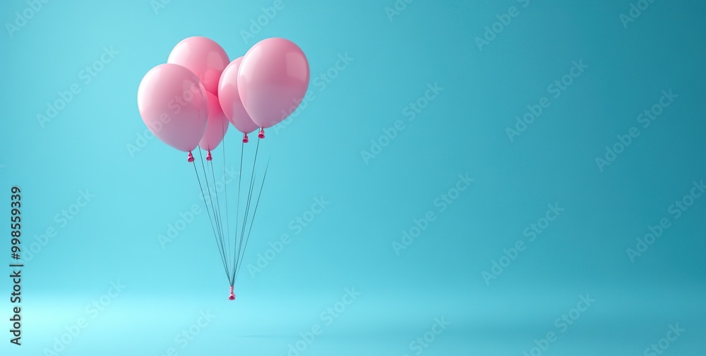 Fototapeta premium Pink Balloons Floating in Air on a Blue Background. Celebration Concept.