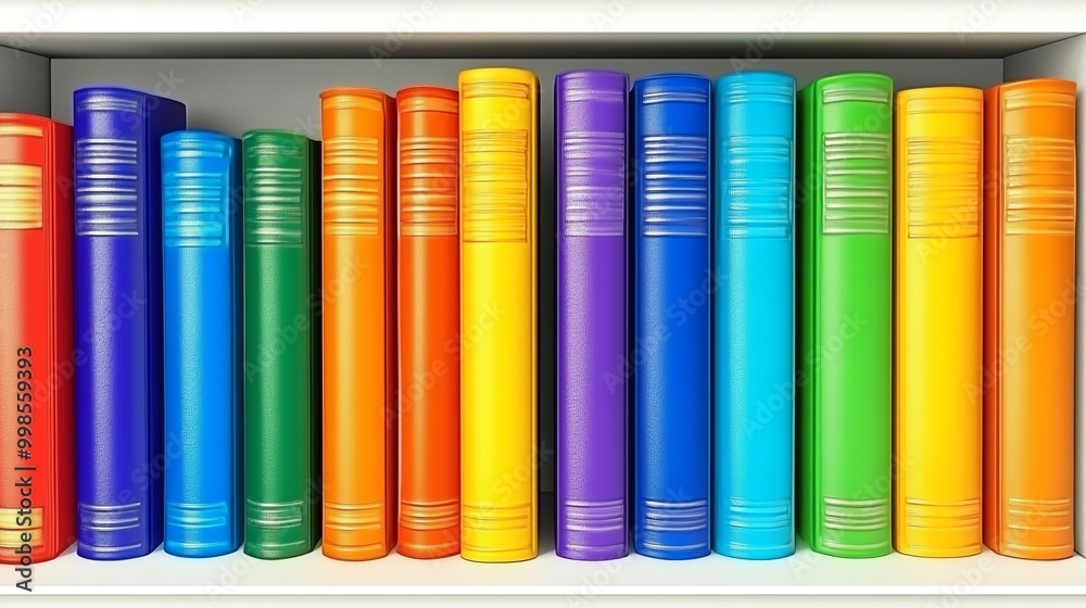 A bookshelf with a rainbow of colorful books arranged in a row. A bookshelf with a rainbow of colorful books arranged in a row.