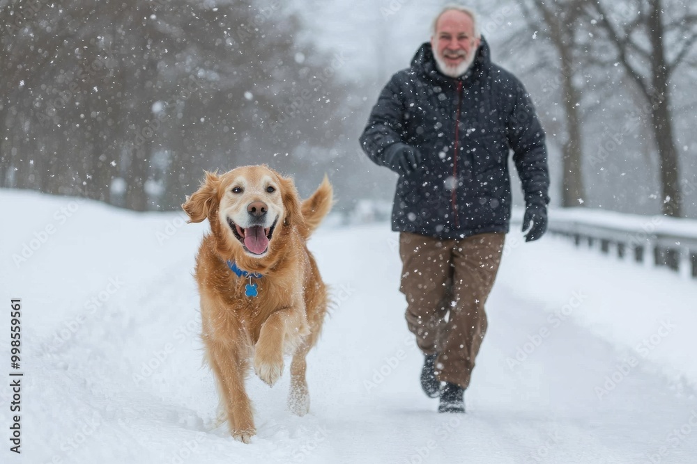 A man dressed in winter clothing runs alongside his dog on a snowy path, surrounded by falling snow and bare trees, capturing a joyful outdoor moment. A man dressed in winter clothing runs alongside his dog on a snowy path, surrounded by falling snow and bare trees, capturing a joyful outdoor moment.