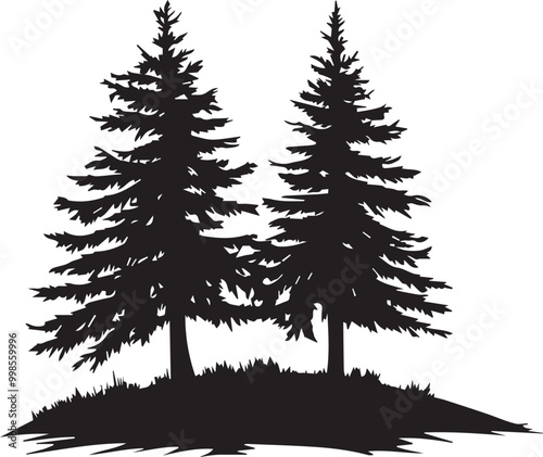 Black silhouettes of a pine tree, Evergreen trees, black and white cliparts