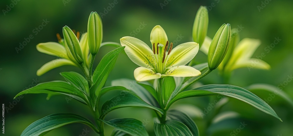 Obraz premium A delicate yellow lily blooms amidst lush green foliage, symbolizing purity and grace.