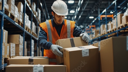 Warehouse worker sorting packages for shipping. Cardboard boxes delivery, online ecommerce store