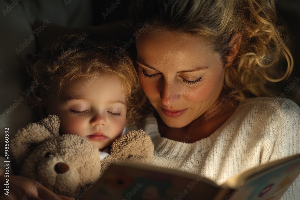 In a warm and intimate setting, a mother is reading a bedtime story to her young child who is snuggling a teddy bear, creating a lovely nighttime routine. In a warm and intimate setting, a mother is reading a bedtime story to her young child who is snuggling a teddy bear, creating a lovely nighttime routine.