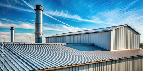 Industrial factory building roof with metal sheets and chimney, industrial, factory, building
