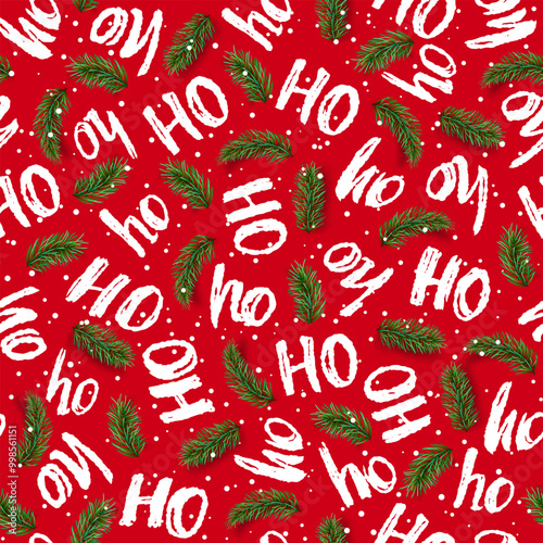 Hohoho pattern, Santa Claus laugh. With green pine branches on red background, vector illustration