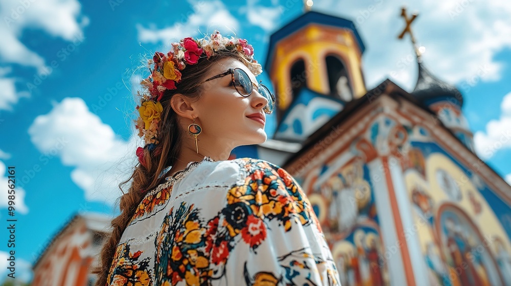Obraz premium A woman in a Romanian folk dress, standing in front of a painted monastery with bright blue skies