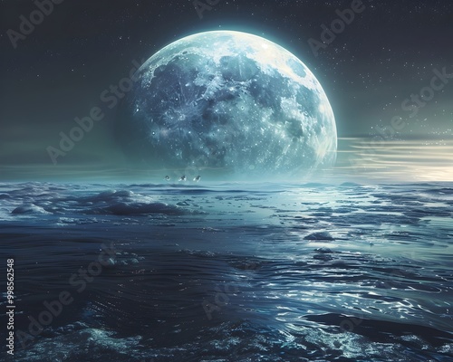 Moonlit Ocean with Floating Colonies and Aquatic Creatures   Planetary Moon Concept photo