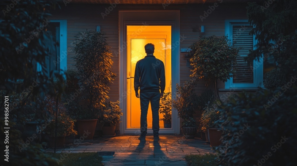 A man stands in front of a door, looking out into the night A man stands in front of a door, looking out into the night