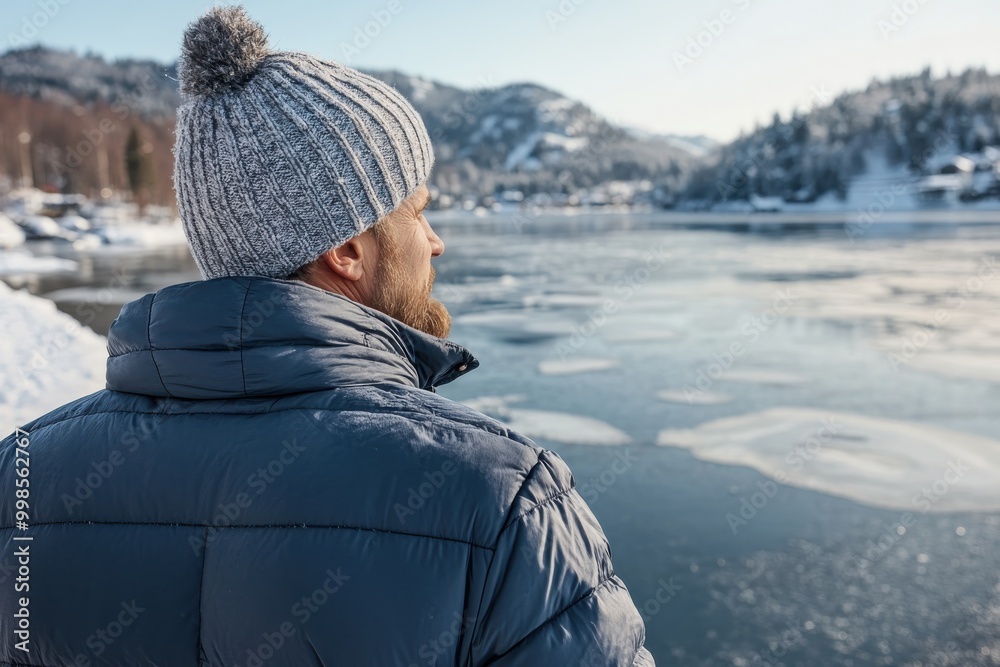 A person in a grey beanie and winter jacket stands by a frozen lake, with snow-covered hills and a small settlement visible in the background on a clear winter day. A person in a grey beanie and winter jacket stands by a frozen lake, with snow-covered hills and a small settlement visible in the background on a clear winter day.