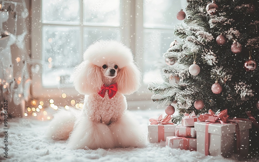 A fluffy white poodle with a red bow sits beside a decorated Christmas tree in a cozy, snowy living room setting A fluffy white poodle with a red bow sits beside a decorated Christmas tree in a cozy, snowy living room setting