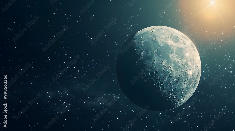 Obraz premium Metallic Moon Reflecting Radiant Light in Space