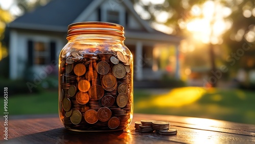 a glass jar filled with various coins, sitting on a wooden surface. The background features a house with a porch, surrounded by greenery. The scene is bathed in warm, golden sunlight