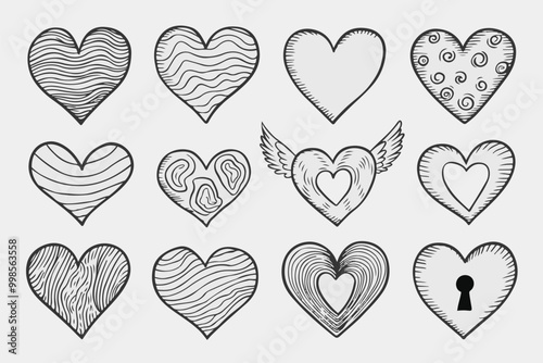 Doodle hearts sketch set