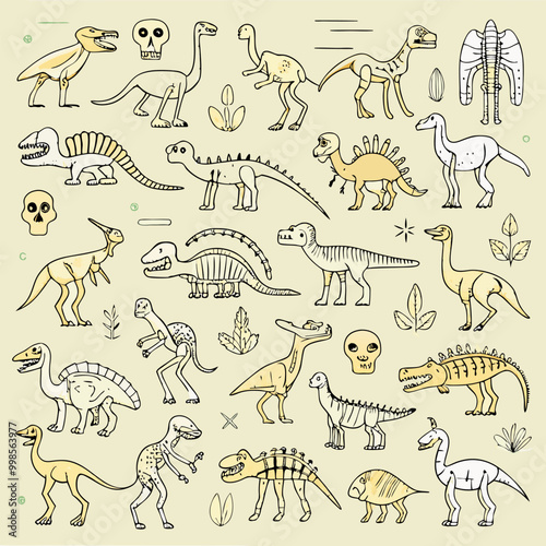 A fun and whimsical illustration featuring various dinosaurs in different poses and styles. Perfect for adding a prehistoric touch to your projects, this set includes full-bodied dinosaurs.