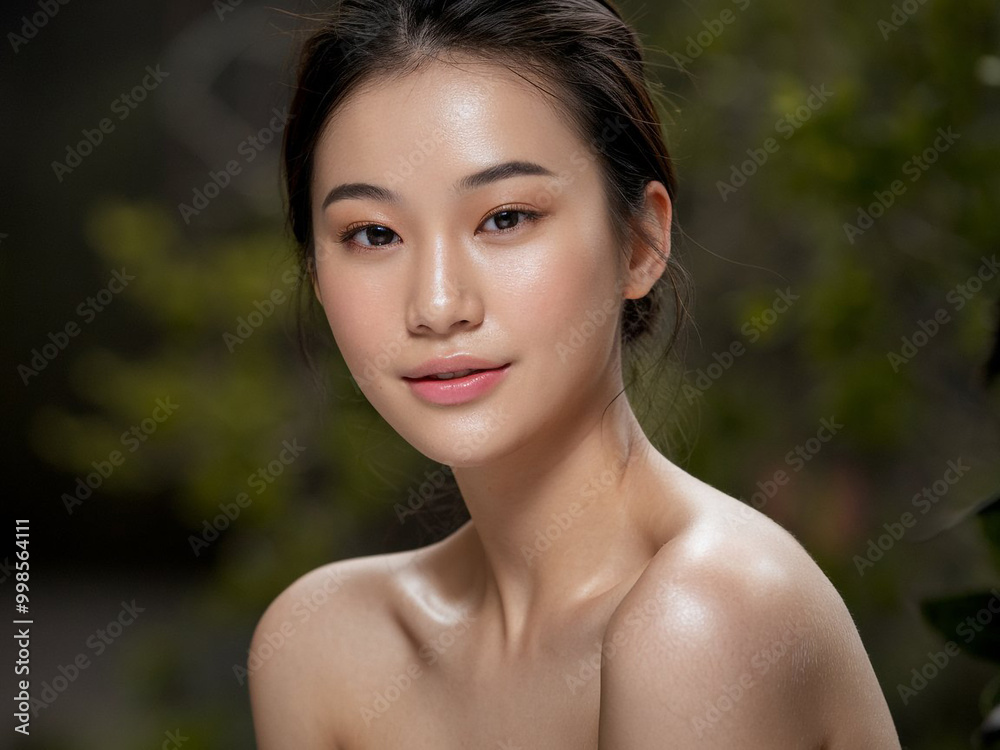 A medium shot portrait of a young, pretty woman with bright, flawless skin.