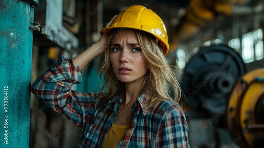 A woman wearing a yellow hard hat and a plaid shirt A woman wearing a yellow hard hat and a plaid shirt
