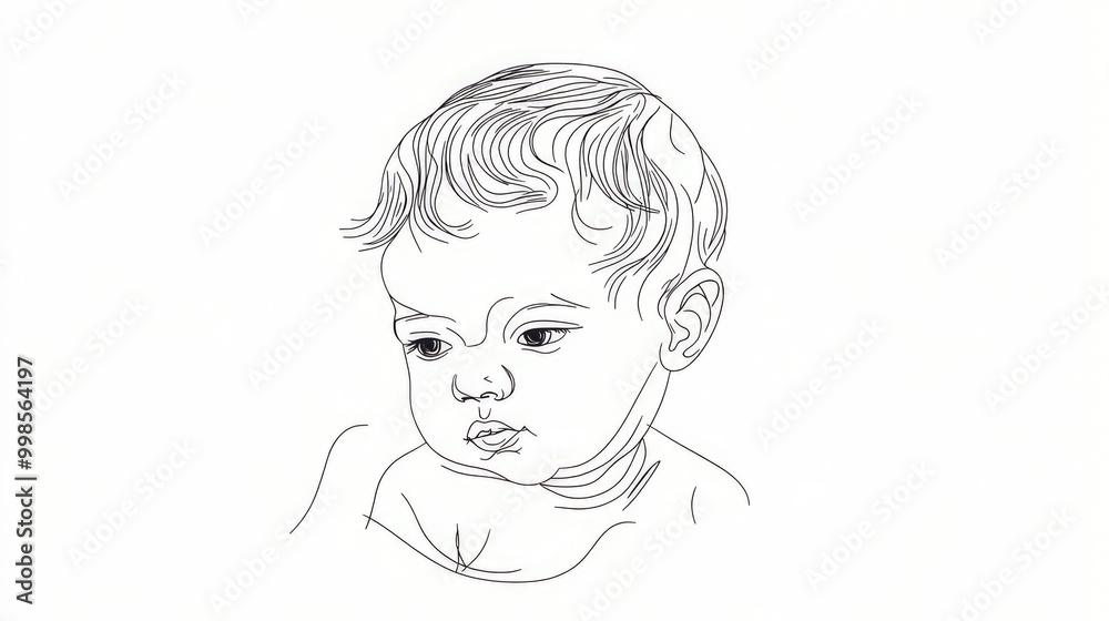 A minimalist line drawing of a peaceful baby featuring delicate curls, drawn with intricate detail, presented against a plain white background. A minimalist line drawing of a peaceful baby featuring delicate curls, drawn with intricate detail, presented against a plain white background.