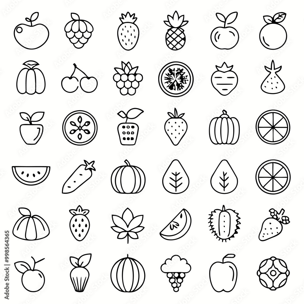 A set of 40 fruit and vegetable icons, perfect for use in websites, apps, or any project that needs a fresh, healthy touch. A set of 40 fruit and vegetable icons, perfect for use in websites, apps, or any project that needs a fresh, healthy touch.
