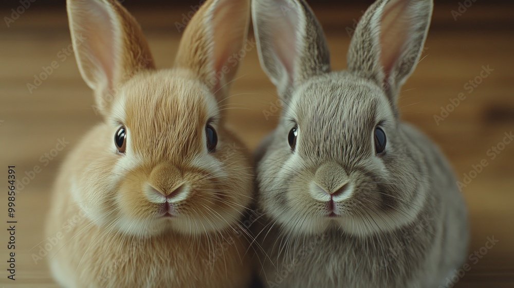 Two cute bunnies with different fur colors sit together on a wooden floor and look directly at the camera. Two cute bunnies with different fur colors sit together on a wooden floor and look directly at the camera.