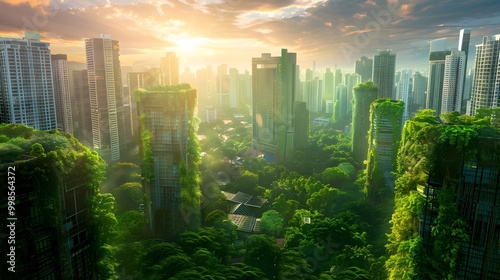 Futuristic Green City with Solar Panels Adapting to Combat Global Warming