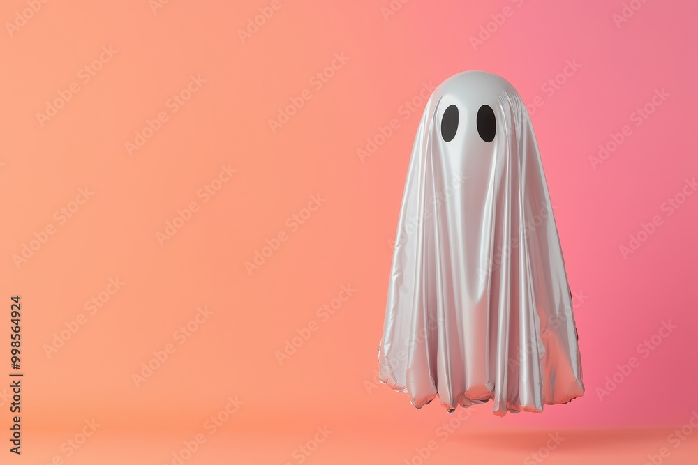 A playful ghost decoration with a soft white sheet, floating against a gradient pink and orange background, perfect for Halloween. A playful ghost decoration with a soft white sheet, floating against a gradient pink and orange background, perfect for Halloween.