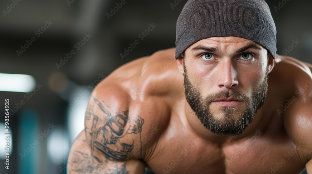 Focused man exercising in gym, showcasing strength and determination with tattoos and a beard, highlighting fitness lifestyle.