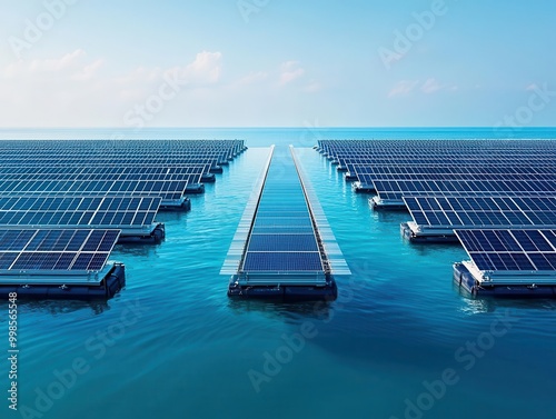 Floating solar farm connected to an underwater energy storage grid, renewable energy in aquatic environments photo