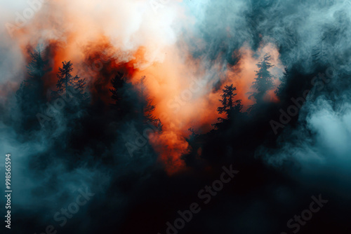 Dramatic forest fire with smoke and fiery sky