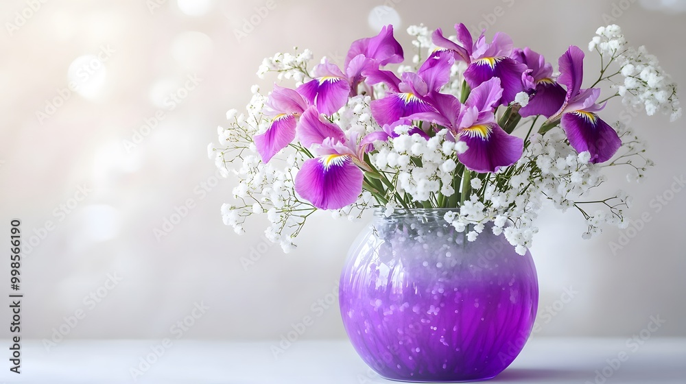 Trendy glass vase with a gradient tint, displaying a mix of purple irises and white baby's breath against a light background
Trendy glass vase with a gradient tint, displaying a mix of purple irises and white baby's breath against a light background