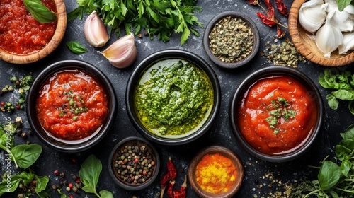 An artistic flat lay of homemade sauces like pesto, marinara, and salsa, surrounded by fresh herbs and spices, showcasing the flavors and colors of each sauce.