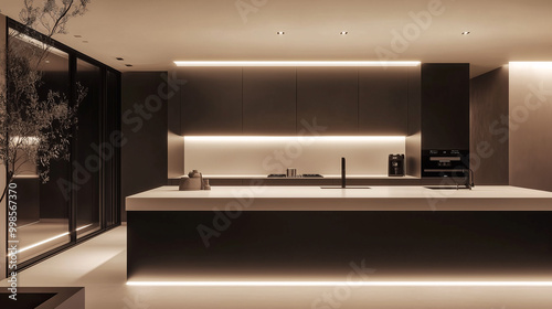 A clean, minimalist kitchen with matte black appliances, white countertops, and a large central island. Subtle lighting and soft shadows emphasize the sleek design