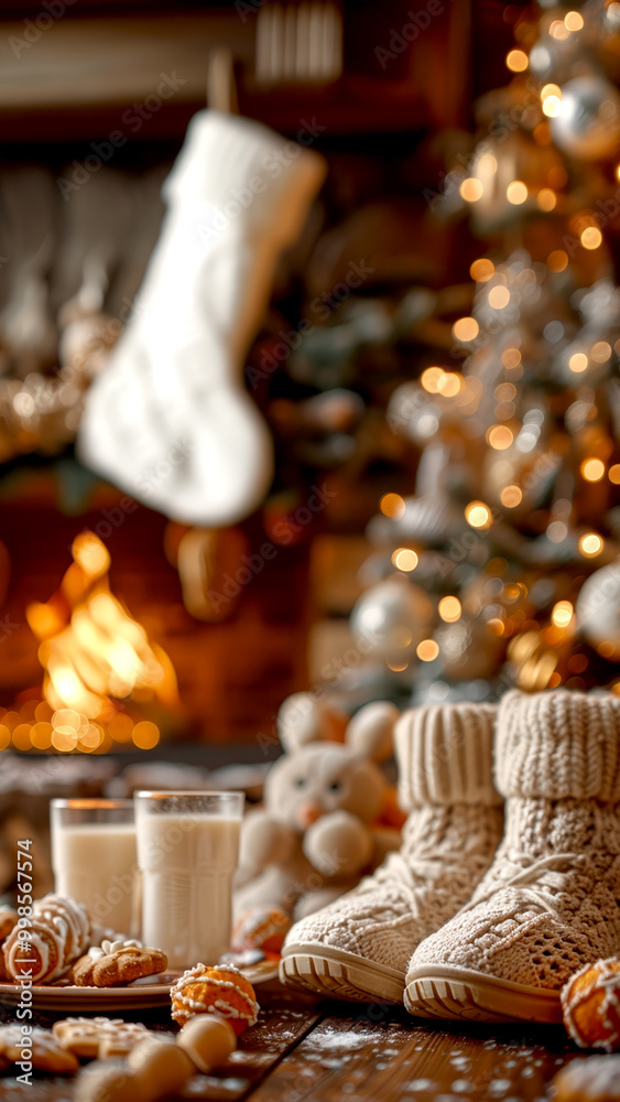 Cozy Christmas Setting with Woolen Boots and Sweets.A cozy Christmas corner with woolen boots, milk, cookies, and a plush toy, all set against a fireplace and illuminated Christmas tree. Cozy Christmas Setting with Woolen Boots and Sweets.A cozy Christmas corner with woolen boots, milk, cookies, and a plush toy, all set against a fireplace and illuminated Christmas tree.