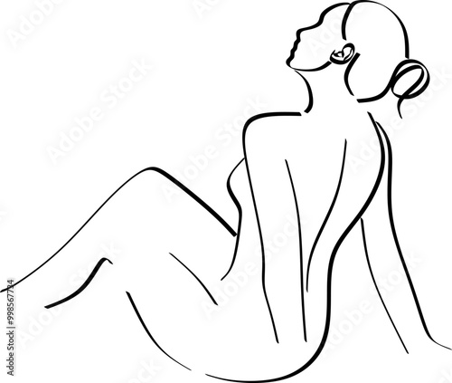 Vector fashion illustration of female body in trendy linear style. Elegant art. For posters, tattoos, lingerie store logos. Hand drawn
