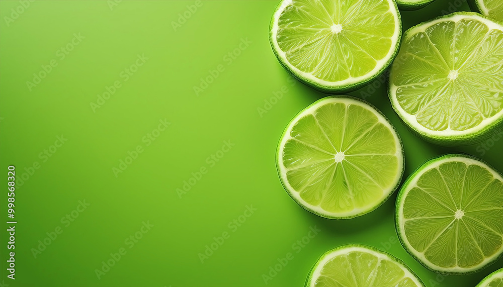 Several slices of lime on a bright green background Several slices of lime on a bright green background