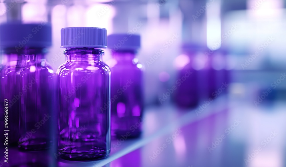 Purple Glass Bottles on a Shelf in a Laboratory Setting Purple Glass Bottles on a Shelf in a Laboratory Setting