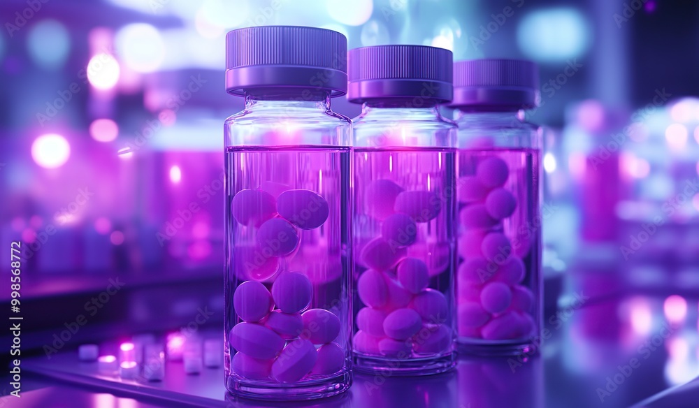 Three vials of pink pills in purple liquid with blurred purple lights in the background. Medical science, pharmaceutical research, and healthcare concept. Three vials of pink pills in purple liquid with blurred purple lights in the background. Medical science, pharmaceutical research, and healthcare concept.