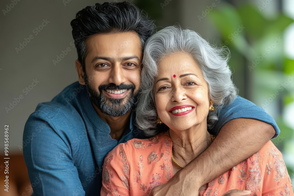 Happy elderly mother with her son at home Happy elderly mother with her son at home