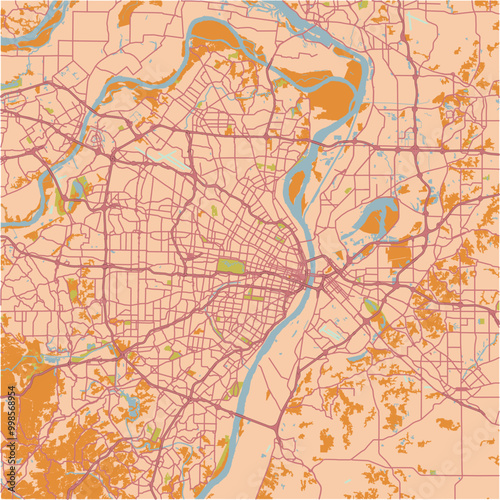 Map of St. Louis in Missouri in a sandy theme. Contains layered vector with roads water, parks, etc.