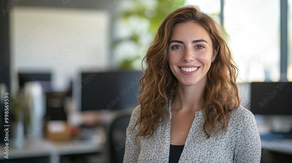 Friendly Office Worker Smiling at Camera in Modern Workspace Friendly Office Worker Smiling at Camera in Modern Workspace