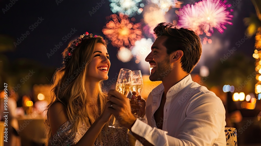 Fototapeta premium Young Couple in Festive Attire Celebrating Together
