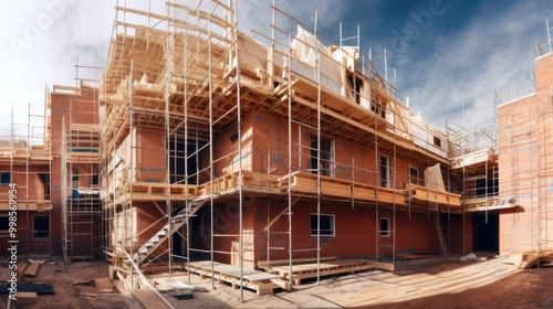 Construction Site with Scaffolding and Brick Walls