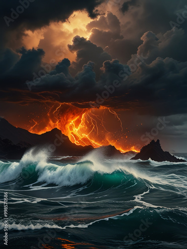 lightning and volcanic eruption background between the ocean and sky, dark clouds and waves photo