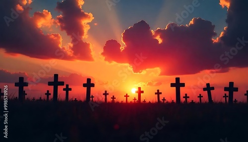 A silhouetted graveyard with crosses and tombstones against a colorful sunset sky with clouds created with generative ai