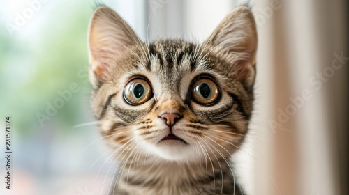 surprised cat make big eyes. American shorthair surprised cat or kitten funny face big eyes, cute, domestic, kitten, feline, Emotional surprised, kitty, wow.