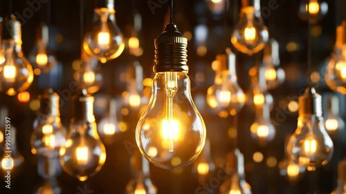Many light bulbs and one glows, Hanging bulbs emit harmonious light	