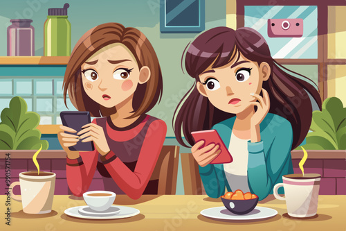 Two friends sitting in a café with bored and ignoring faces using their cell phones. 