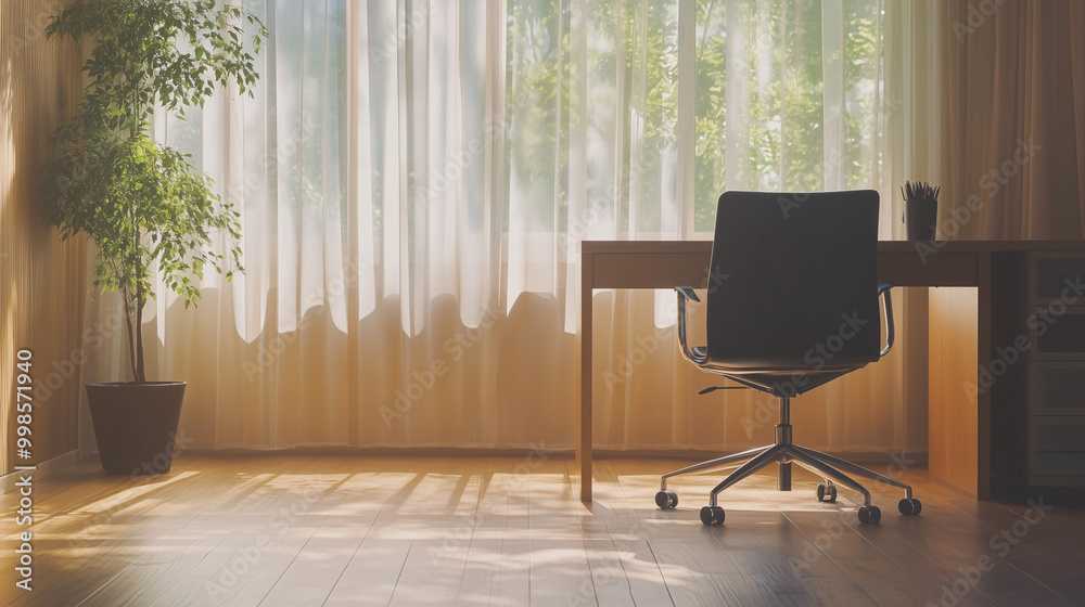 A clean workspace with a simple light oak desk and a single black chair, set in front of a large window with sheer curtains. The desk is empty, and the room feels airy A clean workspace with a simple light oak desk and a single black chair, set in front of a large window with sheer curtains. The desk is empty, and the room feels airy
