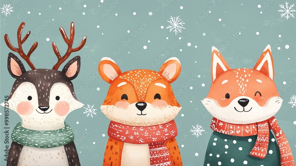 Three adorable animals, a reindeer, a fox, and a bear, wear colorful scarves against a snowy backdrop, evoking a whimsical winter scene. Three adorable animals, a reindeer, a fox, and a bear, wear colorful scarves against a snowy backdrop, evoking a whimsical winter scene.