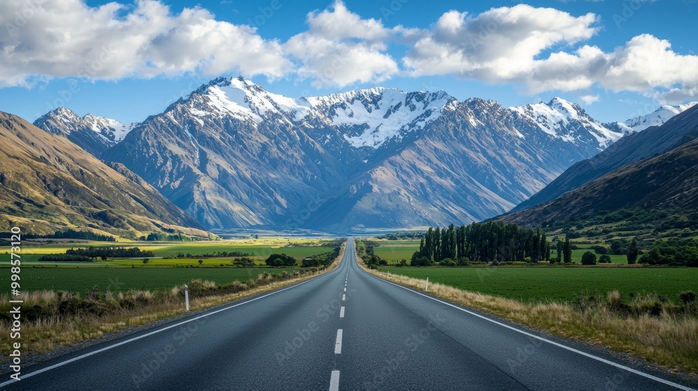 Fototapeta premium Asphalt highway leading to towering snow-capped mountains and lush valleys, under a blue sky with dramatic clouds.