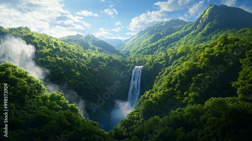 A colossal waterfall crashing down into a misty pool, surrounded by lush green forest
